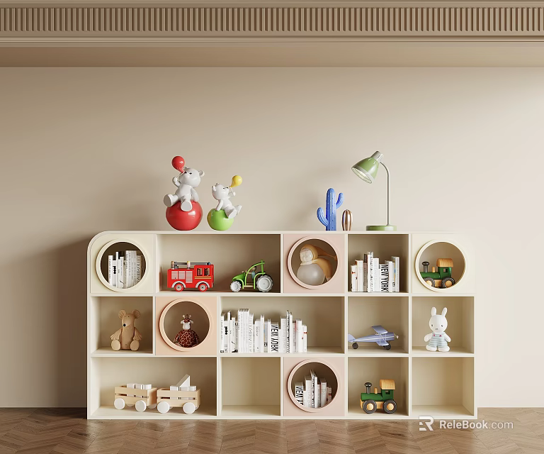 Modern White Bookcase With Round And Square Compartments Holding Books Toys Table Lamp And Decorations 3d model 