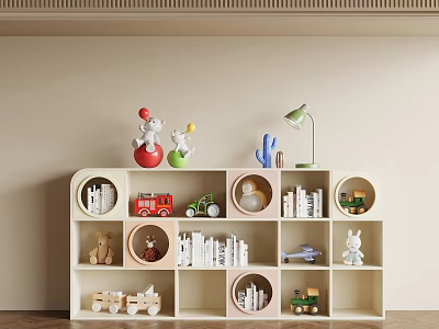 Modern White Bookcase With Round And Square Compartments Holding Books Toys Table Lamp And Decorations 3d model