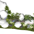 Lush Flowers and Diverse Plants in Natural Garden Landscape with Green Grass and Stones