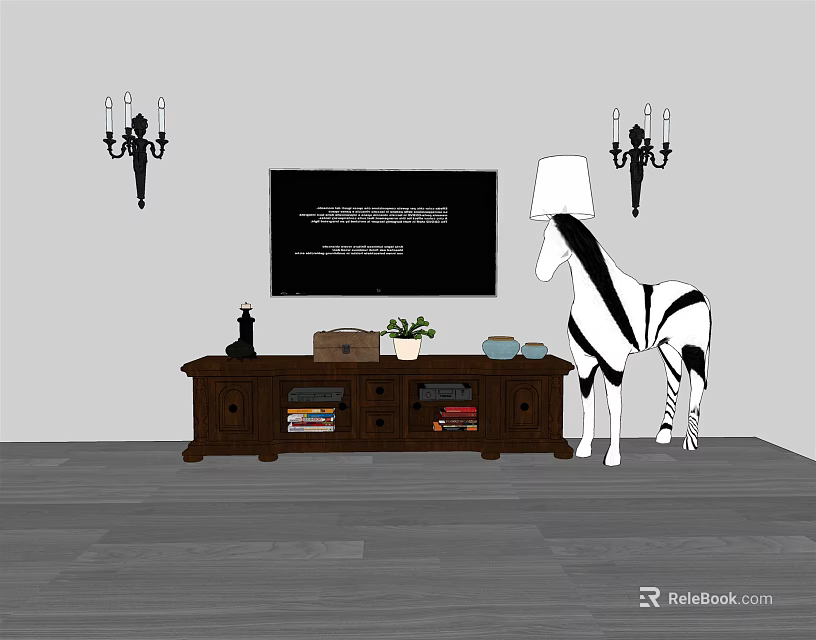 Wooden TV Stand With TV Wall Sconces Zebra Decoration Plant Books And Bowls 3d model 