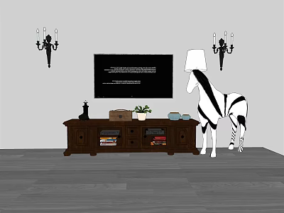 Wooden TV Stand With TV Wall Sconces Zebra Decoration Plant Books And Bowls 3d model