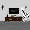 Wooden TV Stand With TV Wall Sconces Zebra Decoration Plant Books And Bowls