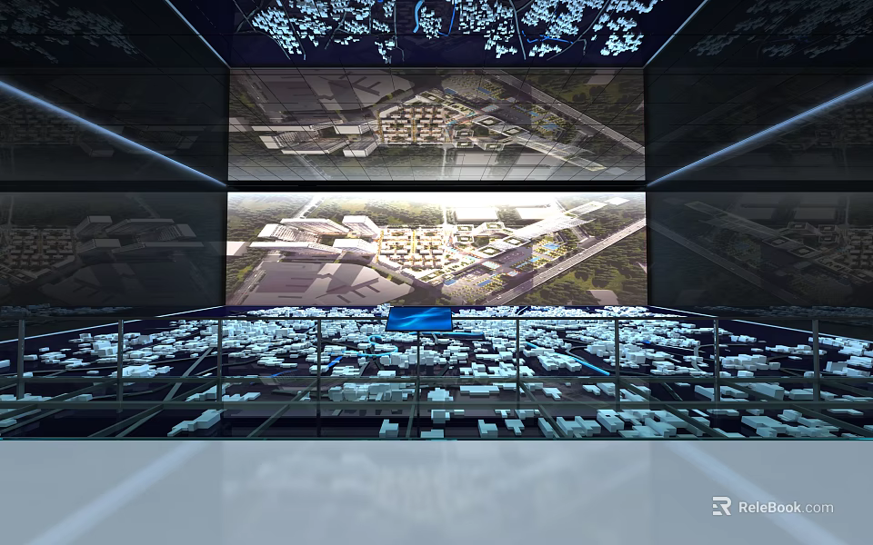 Modern Exhibition Space With Large Screen Showing Aerial Architectural View And Surrounding Architectural Models 3d model 
