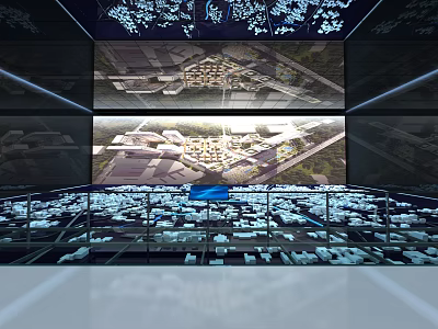 Modern Exhibition Space With Large Screen Showing Aerial Architectural View And Surrounding Architectural Models 3d model