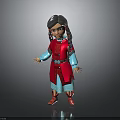 Little Girl in Traditional Red Costume with Blue Sleeves Gray Braided Hair and Red Shoes