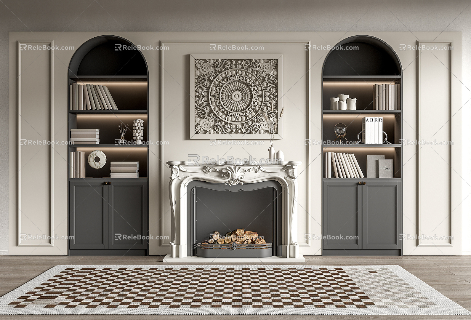 French Fireplace Fireplace Bookcase Combo Carpet Wall Decorations Pendant Book Ornaments 3d model