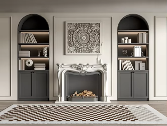 French Fireplace Bookcase Combo Carpet Wall Decorations Pendant Book Ornaments 3d model