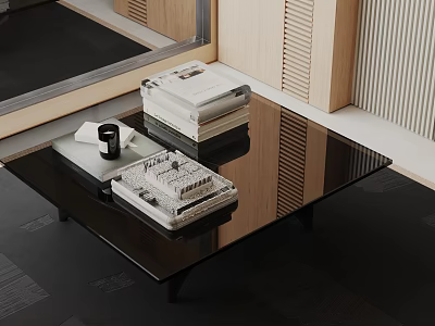 Sleek Black Glass Coffee Table With Tissue Box Stacked Items And Wooden Wall Paneling In Modern Interior 3d model