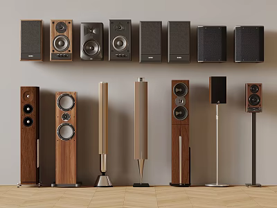 Various Styles Of Audio Speakers With Wooden And Metal Finishes On 3d model
