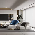 Modern Living Room Interior Design With Light Sofa Blue Accent Chair And Marble Coffee Table