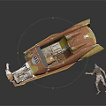 Orange Yellow Spaceship Sideways with Floating Astronaut in Cosmic Space Exploration
