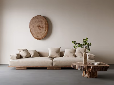 Natural Style Sofa and Coffee Table Set with Beige Pillows Wooden Decor and Green Plant 3d model
