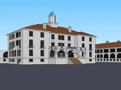 Historic White Building With Red Roof Green Dome Tower And Arched Porch Front Steps 3d model