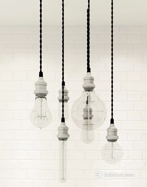 Multiple Pendant Lights with Transparent Glass Bulbs White Bases Black Cord Against White Brick Wall 3d model 