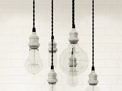 Multiple Pendant Lights with Transparent Glass Bulbs White Bases Black Cord Against White Brick Wall 3d model