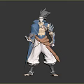 Mythical Humanoid Character With Gray Hair Blue Coat Orange Sash Armor And Weapon