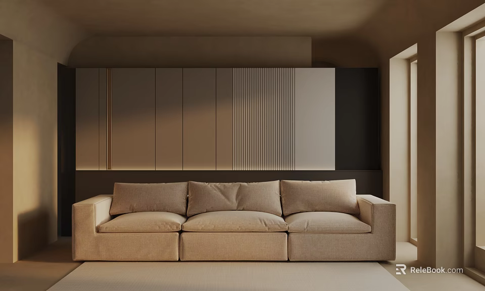 Beige Three Seater Sofa In Modern Interior With Wall Cabinets And Natural Light 3d model 
