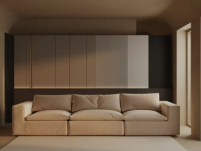 Beige Three Seater Sofa In Modern Interior With Wall Cabinets And Natural Light 3d model