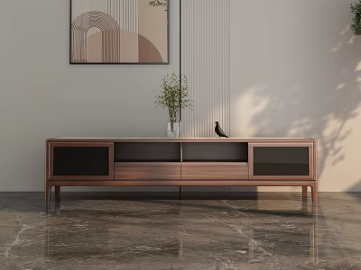 Minimalist Wooden TV Stand With Storage Drawers Glass Doors And Potted Plant On Marble Floor 3d model
