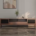 Minimalist Wooden TV Stand With Storage Drawers Glass Doors And Potted Plant On Marble Floor