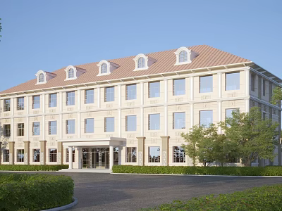 Light Colored Office Building With Red Tiled Roof Arched Windows And Landscaped Greenery 3d model