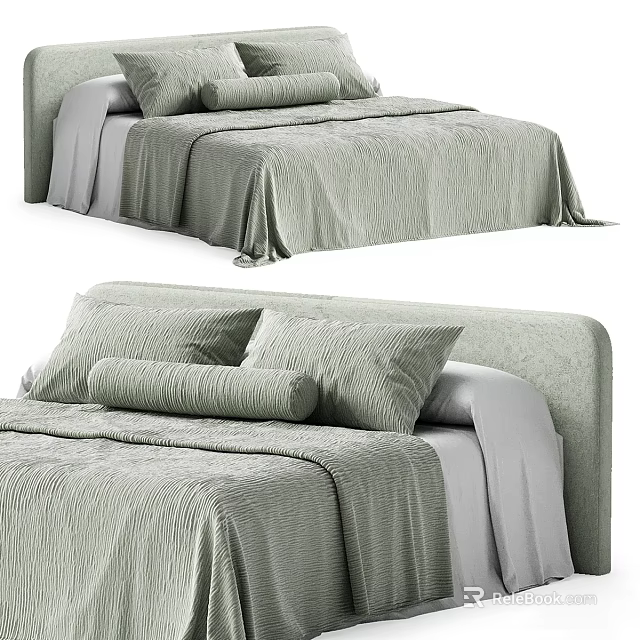 Modern Double Bed With Light Green Textured Bedding Soft Pillows And Upholstered Headboard 3d model 