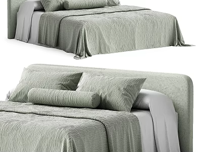 Modern Double Bed With Light Green Textured Bedding Soft Pillows And Upholstered Headboard 3d model