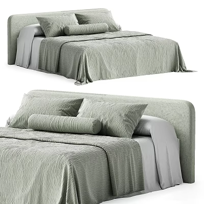 Modern Double Bed With Light Green Textured Bedding Soft Pillows And Upholstered Headboard 3d model