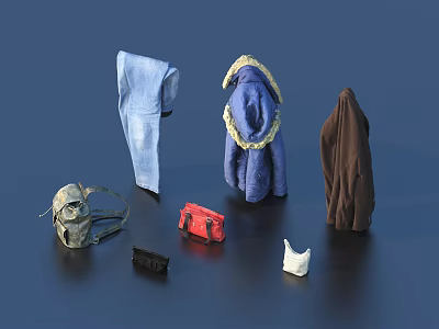 Various Clothing Pieces Such As Blue Pants Fur Collar Coat And Brown Garment With Accessories 3d model