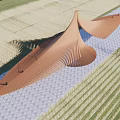 Modern Landscape Pavilion With Wavy Copper Colored Structure And Grassland Paved Path 3d model