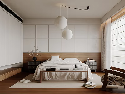 Modern Bedroom Interior Design With White Walls Wardrobes Wooden Floor And Two White Pendant Lights 3d model