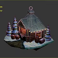 Cartoon Winter Scene With Snowy Log Cabin Pine Trees String Lights And Wooden Barrels