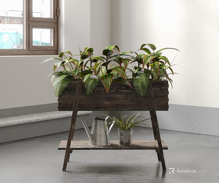 Indoor Garden Decor With Wooden Flower Stand Multiple Plants And Metal Watering Can 3d model 