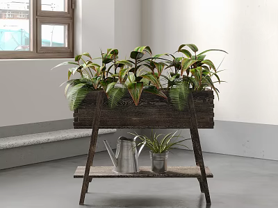 Indoor Garden Decor With Wooden Flower Stand Multiple Plants And Metal Watering Can 3d model