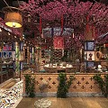 Charming Restaurant Interior With Pink Cherry Blossom Trees Red Lanterns And Colorful Tiled Flooring