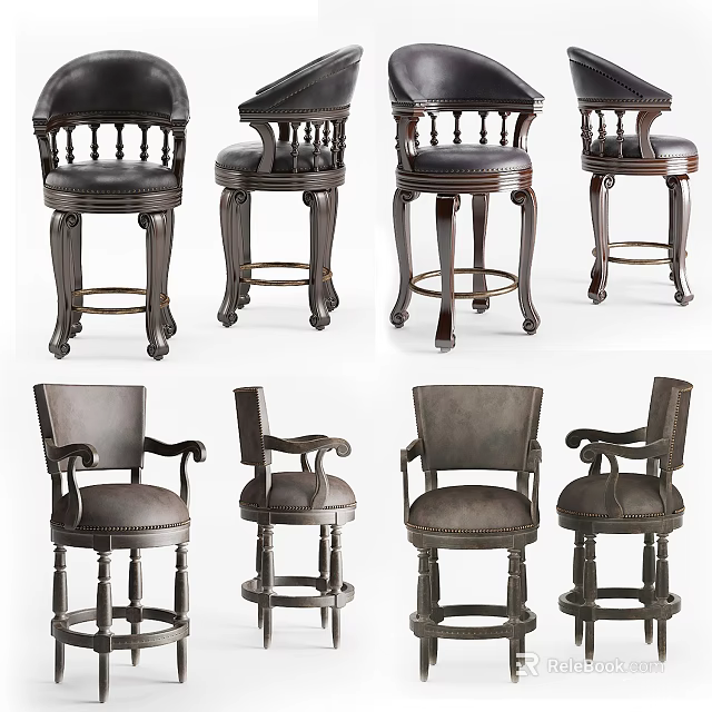Classic Leather Bar Stools With Carved Wooden Legs And Armrests Design 3d model 