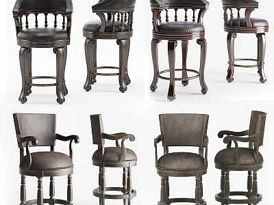 Classic Leather Bar Stools With Carved Wooden Legs And Armrests Design 3d model