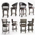 Classic Leather Bar Stools With Carved Wooden Legs And Armrests Design