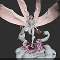 Game Movie Character Skeleton With Pink Wings Holding Sword On Cloud Base And Petals