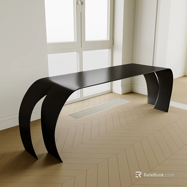 Modern Black Tea Table With Curved Legs In Bright Interior Near Window And Herringbone Wood Floor 3d model 