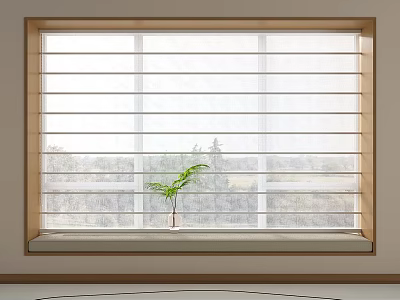 Modern White Venetian Blinds On Interior Window With Wooden Frame And Small Green Plant 3d model