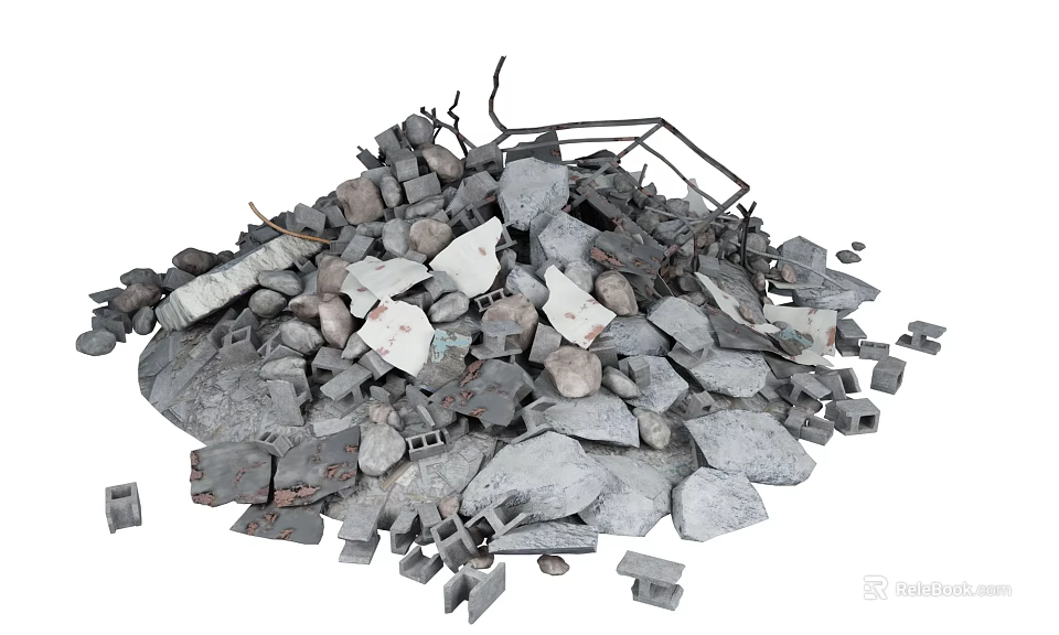 Pile of Stones and Wood Debris with Scrap Materials on White Background 3d model 