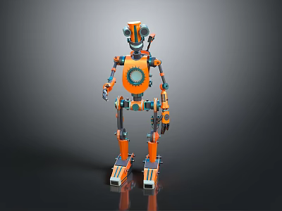 Orange And Blue Mechanical Robot With Circular Chest Jointed Limbs Standing On Reflective Surface 3d model