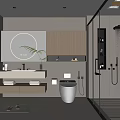 Modern Bathroom Interior With Round Mirror Wooden Cabinets White Toilet And Glass Shower
