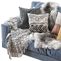 Cozy Blue Sofa Set with Soft Pillows and Furry Wool Blanket