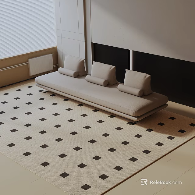 Beige Three Seater Sofa On Geometric Patterned Rug In Bright Living Room 3d model 