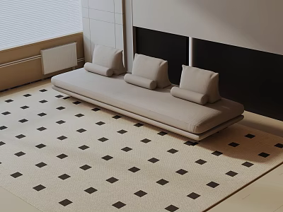 Beige Three Seater Sofa On Geometric Patterned Rug In Bright Living Room 3d model
