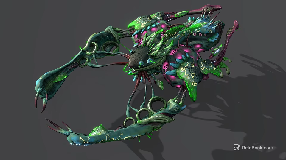 Fantasy Biomechanical Creature With Green Purple Pink Glowing Accents And Complex Limbs 3d model 