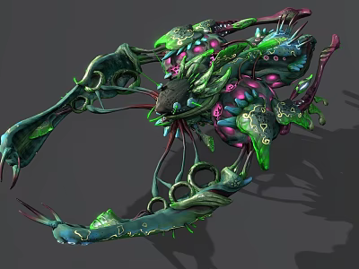 Fantasy Biomechanical Creature With Green Purple Pink Glowing Accents And Complex Limbs 3d model