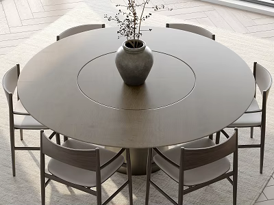 Modern Round Dining Table and Chairs Set With Vase In Bright Interior Space 3d model